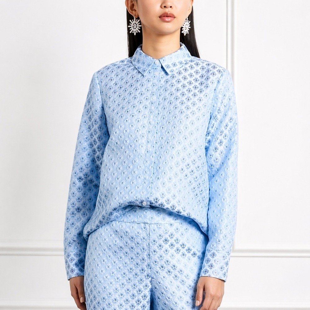 Hill House NEW The James Shirt Snowflake Brocade Metallic Blue Blouse SZ Small